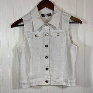 Seyaq Womans M White Sleeveless Vest Buttton Closure Collared